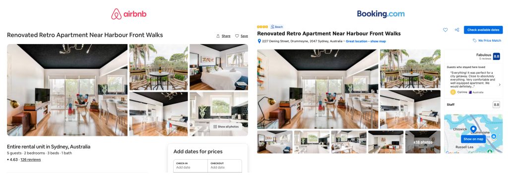 airbnb and booking.com lisitng of air design australia property