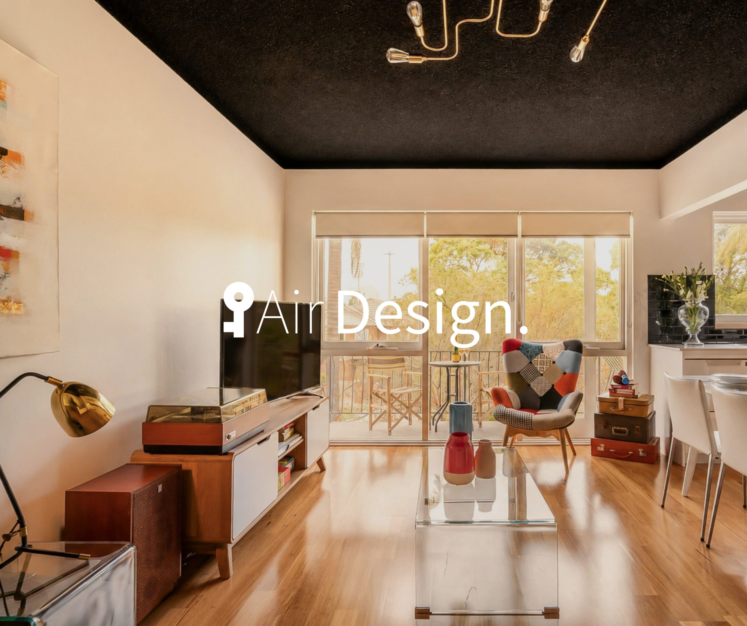 Retro-inspired Drummoyne apartment living room with colourful furniture, timber features and warm ambient lighting.